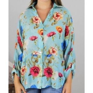 Umgee Lightweight Floral Button Down Shirt Womens Sz S Blue Red Beachy boho NWT